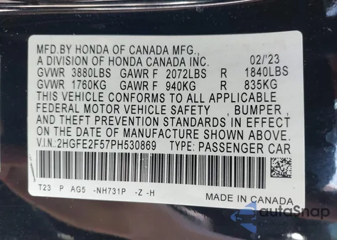 2023 Honda Civic Sport from USA, damaged, VIN 2HGFE2F57PH530869